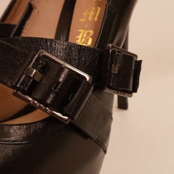 L.A.M.B. Black Leather Platform X Strap 5inch Stiletto heel size 8 - Picture 9 of 11